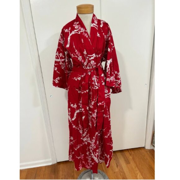 Made in Japan 100% Cotton Red White Asian Floral Pattern Original Kimono S M - Picture 4 of 10